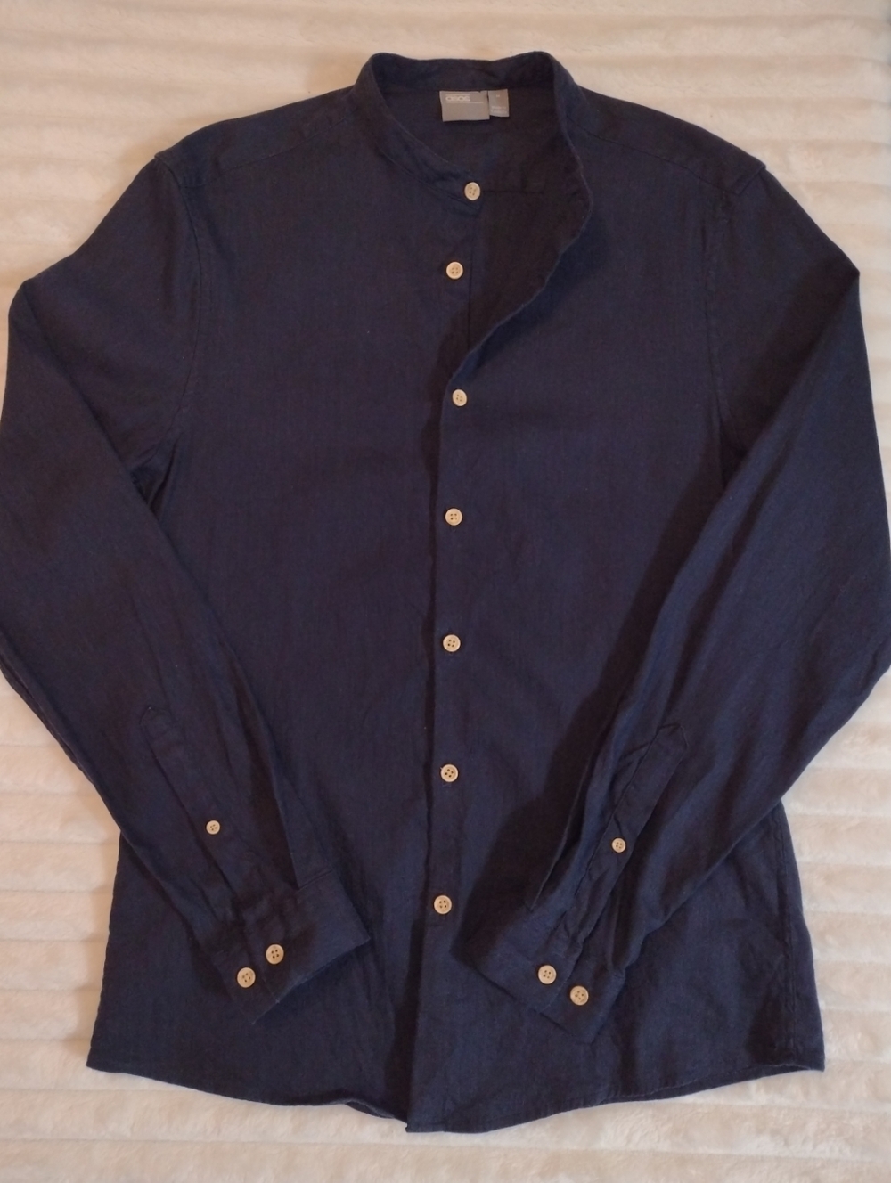ASOS Linen Blend Mens M Navy Blue Button Down Shirt Long Sleeve Band Collar